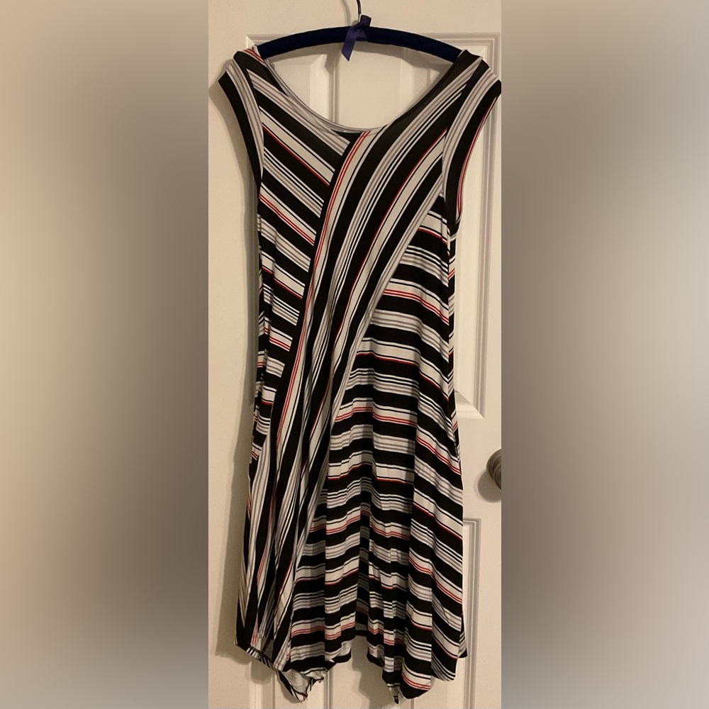Cato Asymmetrical Black and White Striped Skirt with Red Accents